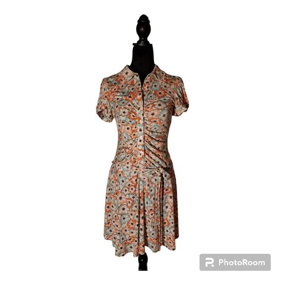 Vintage Candie's Y2K Multicolored Ruched Floral Short Sleeve Mini Dress Size L - Picture 2 of 8